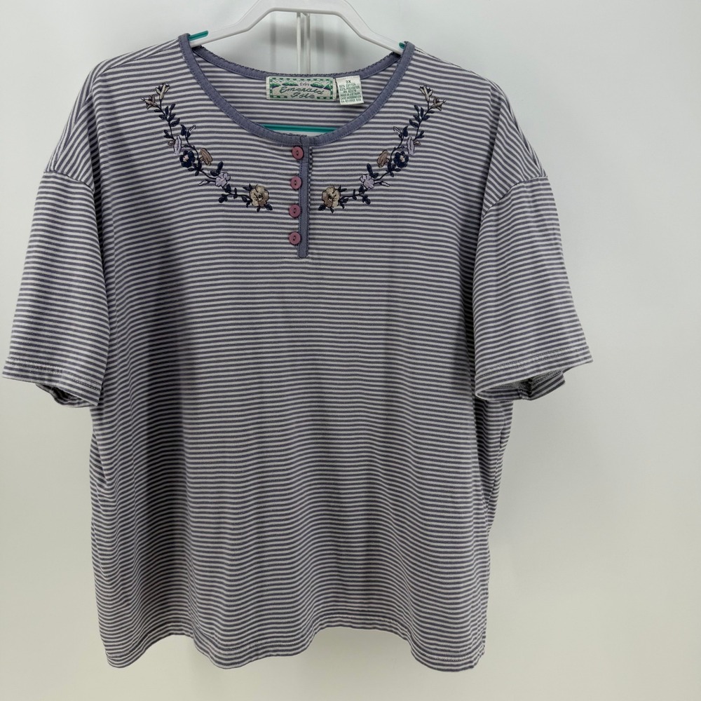 Emerald Isle Henley T-Shirt Womens 3X Purple Striped Floral Embroidered Vintage